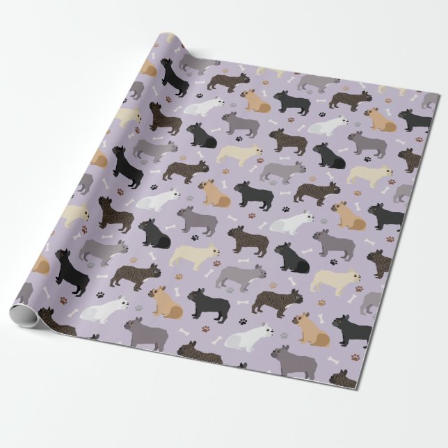 French Bulldog Bones and Paws Purple Wrapping Paper (Unrolled)