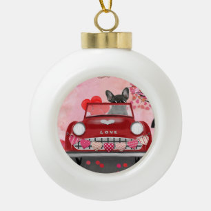 French Bulldog Car with Hearts Valentine's Ceramic Ball Christmas Ornament