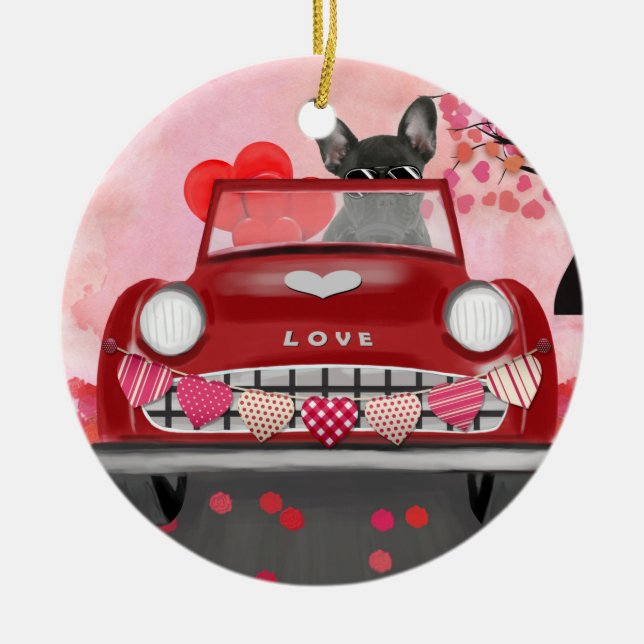French Bulldog Car with Hearts Valentine's  Ceramic Tree Decoration (Front)