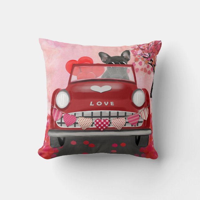 French Bulldog Car with Hearts Valentine's Cushion (Front)