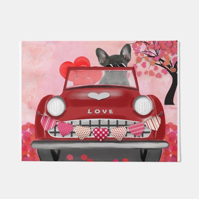 French Bulldog Car with Hearts Valentine's  Doormat (Front)