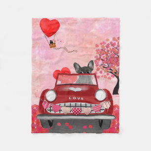 French Bulldog Car with Hearts Valentine's Fleece Blanket