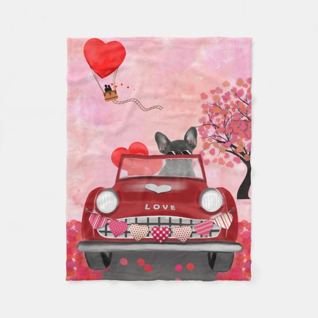 French Bulldog Car with Hearts Valentine's  Fleece Blanket (Front)