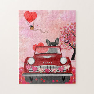 French Bulldog Car with Hearts Valentine's Jigsaw Puzzle