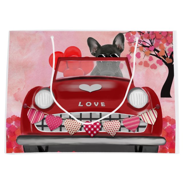 French Bulldog Car with Hearts Valentine's Large Gift Bag (Front)