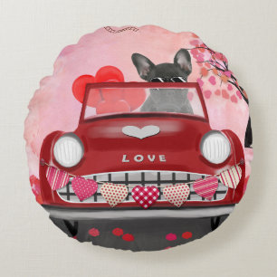 French Bulldog Car with Hearts Valentine's  Round Cushion