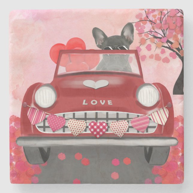 French Bulldog Car with Hearts Valentine's  Stone Coaster (Front)