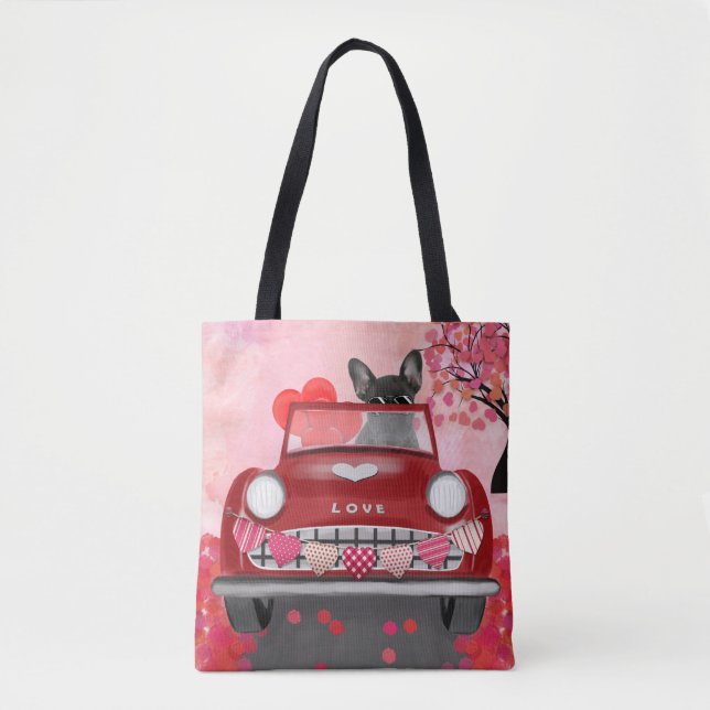 French Bulldog Car with Hearts Valentine's   Tote Bag (Front)