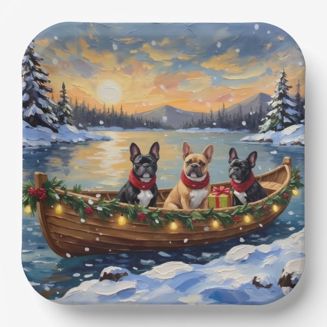 French Bulldog Christmas Boat Holiday Paper Plate (Front)