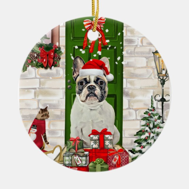 French Bulldog Christmas  Ceramic Tree Decoration (Front)