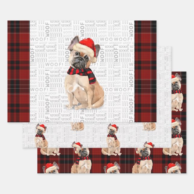 French Bulldog Christmas Dog and Plaid Wrapping Paper Sheet (Set)