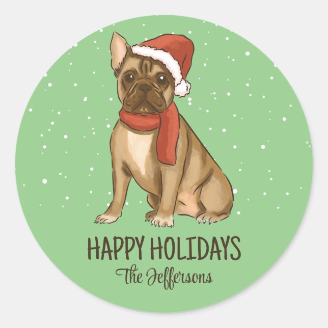 French Bulldog Christmas Dog Snowy Winter Holiday Classic Round Sticker (Front)