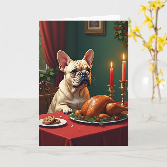 French Bulldog Christmas Eve Feast Painting Card (Yellow Flower)