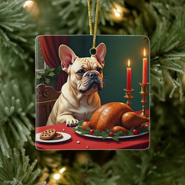 French Bulldog Christmas Eve Feast Painting Ceramic Ornament (Tree)
