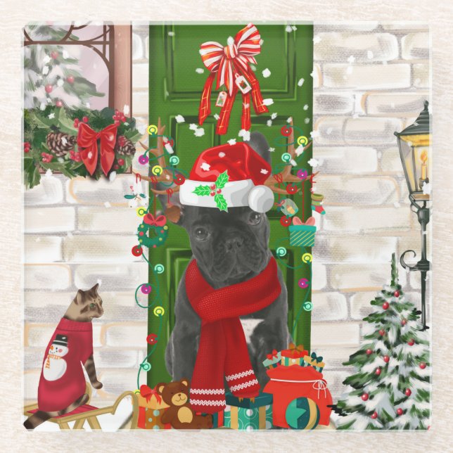 French Bulldog Christmas  Glass Coaster (Front)
