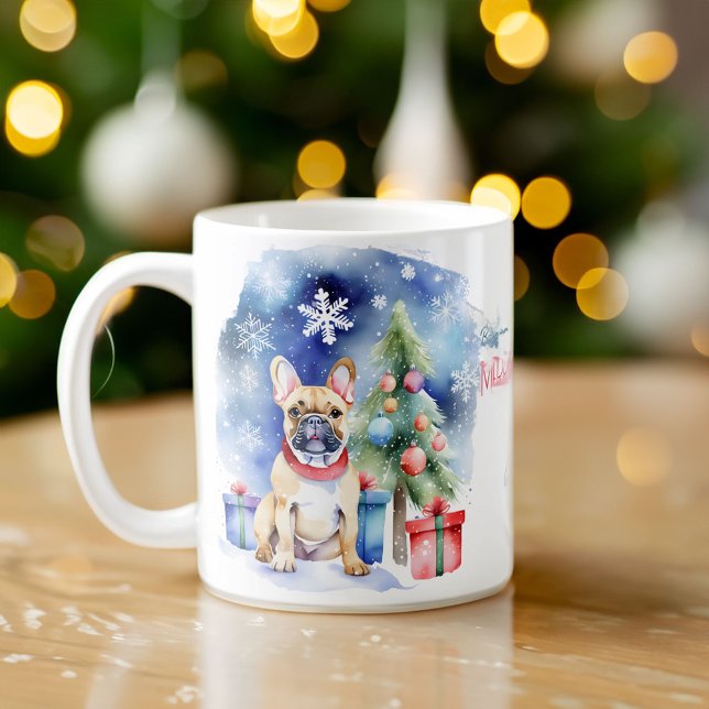 French Bulldog Christmas greetings for dog people Coffee Mug (French bulldog Christmas gift personalized mug with cute French bulldog puppy watercolor dog lovers)