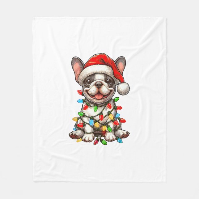 French Bulldog Christmas Lights Santa Hat Boys Gir Fleece Blanket (Front)