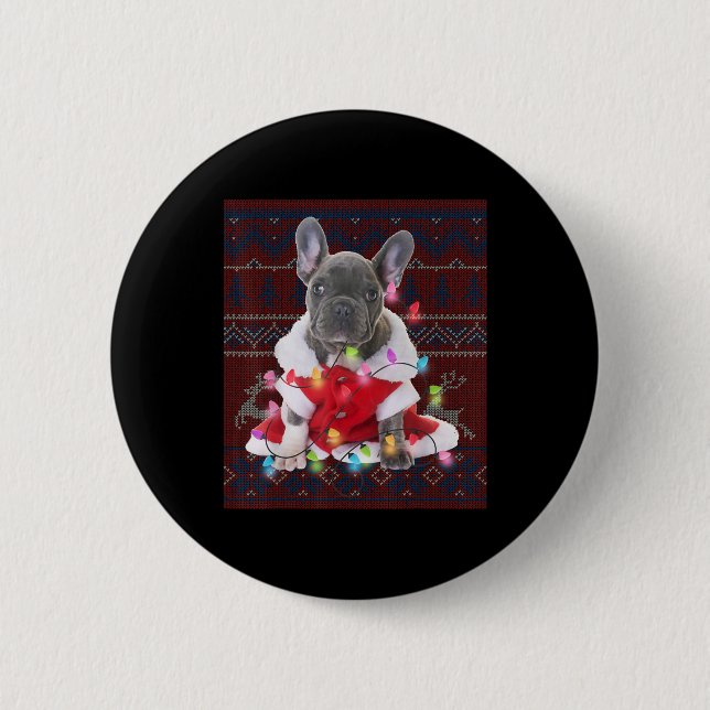 French Bulldog Christmas Lights Ugly Sweater Dog 6 Cm Round Badge (Front)