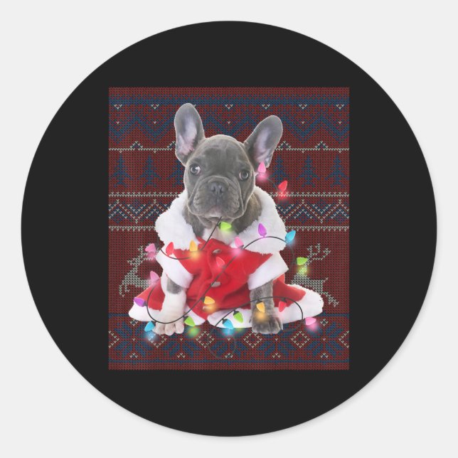 French Bulldog Christmas Lights Ugly Sweater Dog Classic Round Sticker (Front)