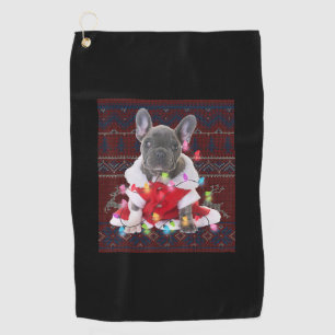 French Bulldog Christmas Lights Ugly Sweater Dog Golf Towel