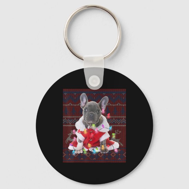 French Bulldog Christmas Lights Ugly Sweater Dog Key Ring (Front)