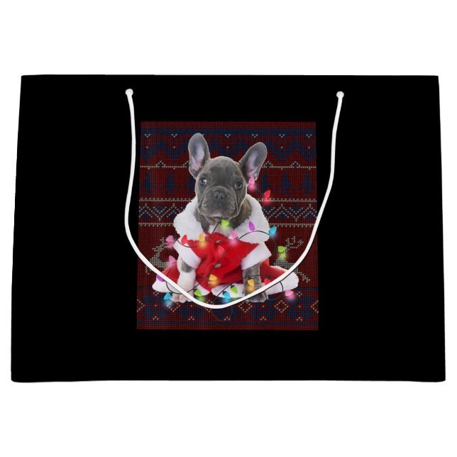 French Bulldog Christmas Lights Ugly Sweater Dog Large Gift Bag (Front)