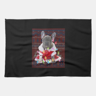 French Bulldog Christmas Lights Ugly Sweater Dog Tea Towel