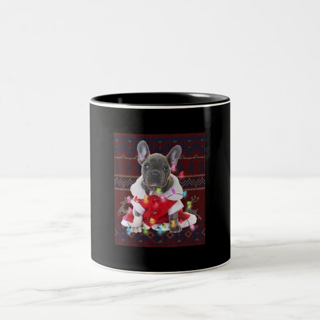 French Bulldog Christmas Lights Ugly Sweater Dog Two-Tone Coffee Mug (Center)