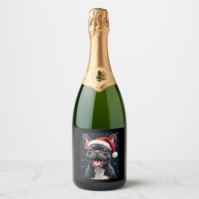 French Bulldog Christmas Long Sleeve T-Shirt Sparkling Wine Label (Front)
