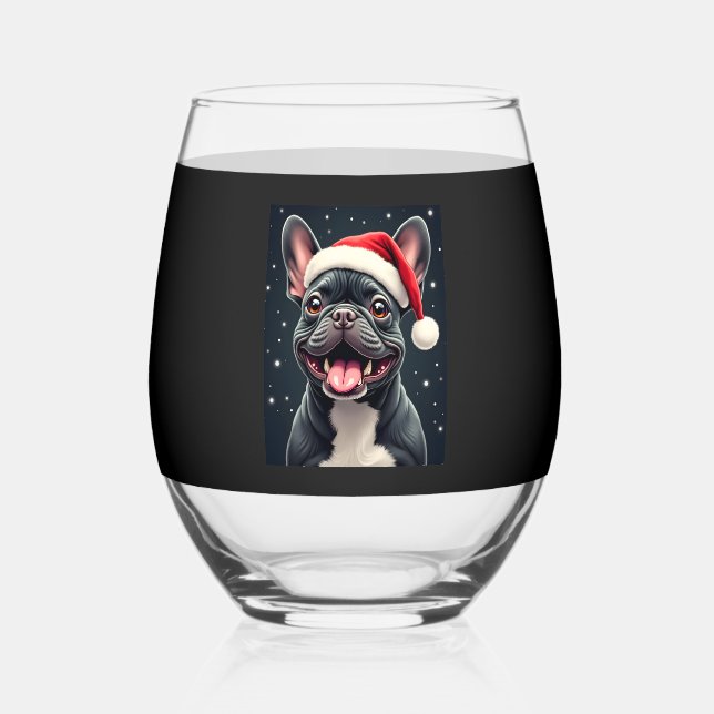 French Bulldog Christmas Long Sleeve T-Shirt Stemless Wine Glass (Front)