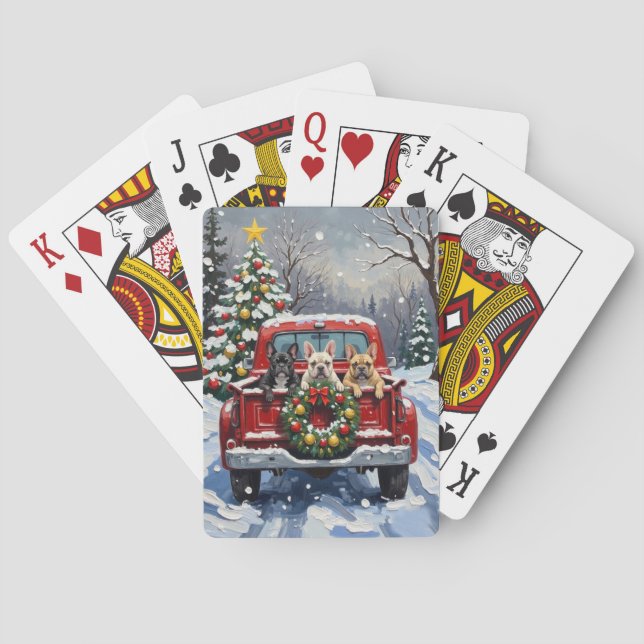 French Bulldog Christmas Red Truck Holiday Playing Cards (Back)