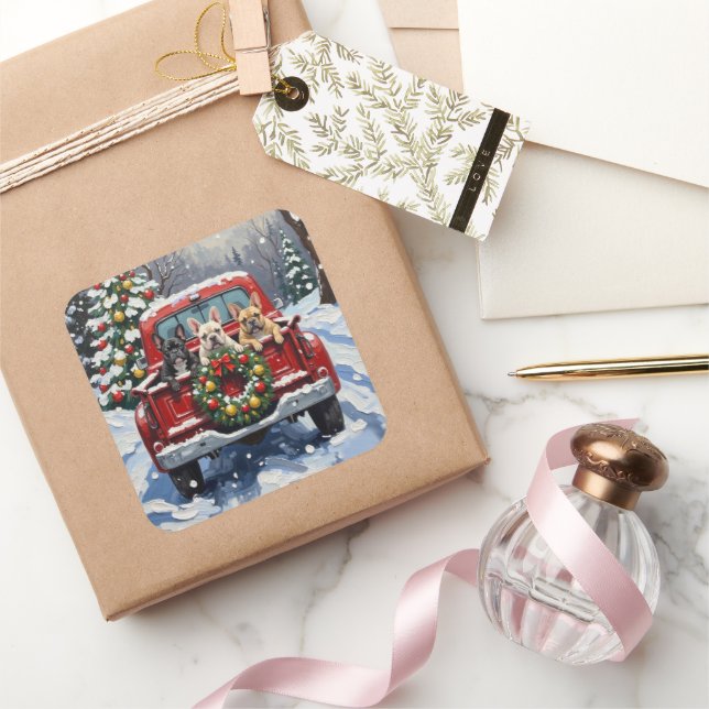French Bulldog Christmas Red Truck Holiday Square Sticker (Gifting)