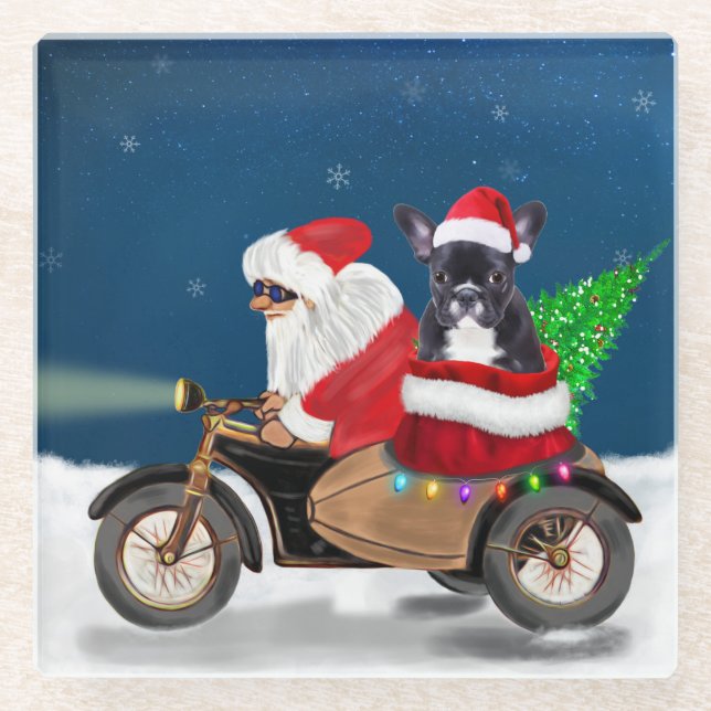 French Bulldog Christmas Santa Claus  Glass Coaster (Front)