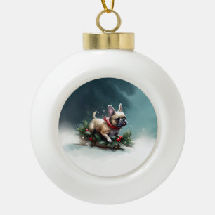 French Bulldog Christmas snow winter  Ceramic Ball Christmas Ornament
