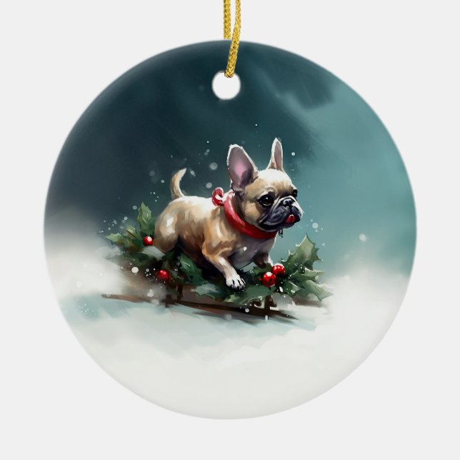 French Bulldog Christmas snow winter  Ceramic Tree Decoration (Front)