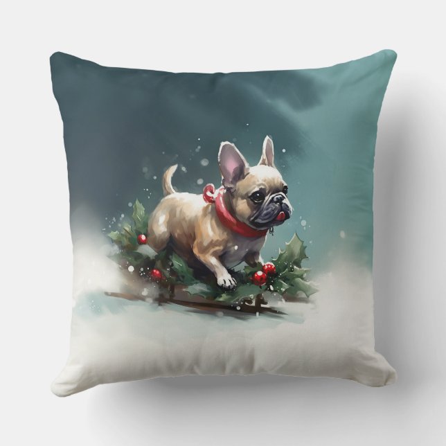 French Bulldog Christmas snow winter  Cushion (Back)