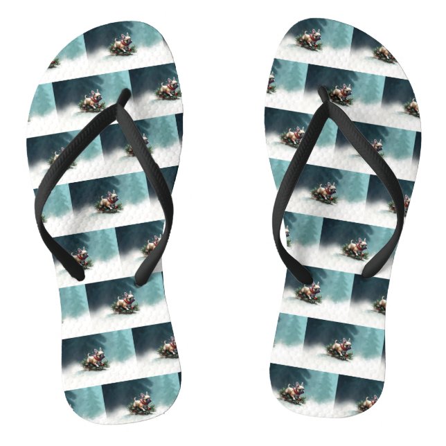 French Bulldog Christmas snow winter  Flip Flops (Footbed)
