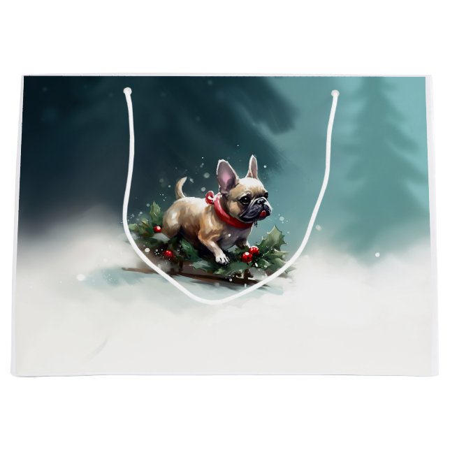 French Bulldog Christmas snow winter  Large Gift Bag (Front)