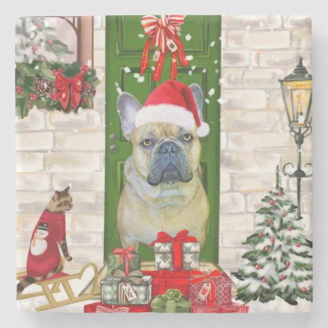 French Bulldog Christmas  Stone Coaster (Front)