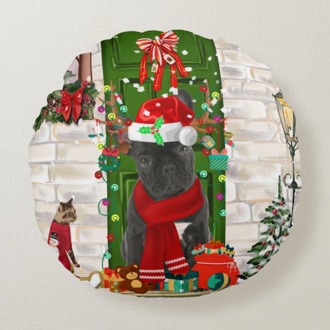 French Bulldog Christmas Throw Pillow (Front)