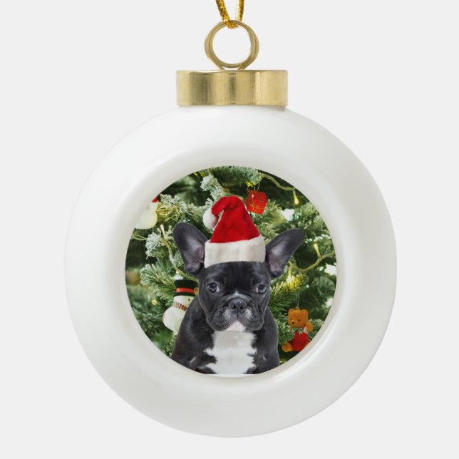 French Bulldog Christmas Tree Snowman Ceramic Ball Christmas Ornament (Front)