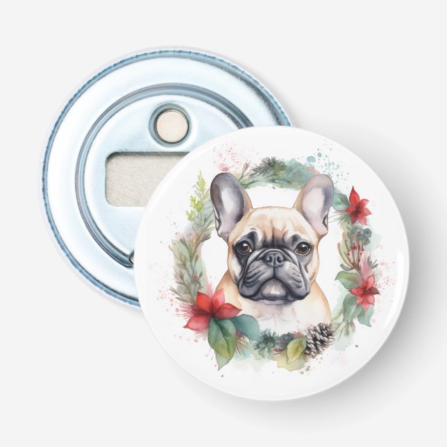French Bulldog Christmas Wreath Festive Pup Bottle Opener (Front)