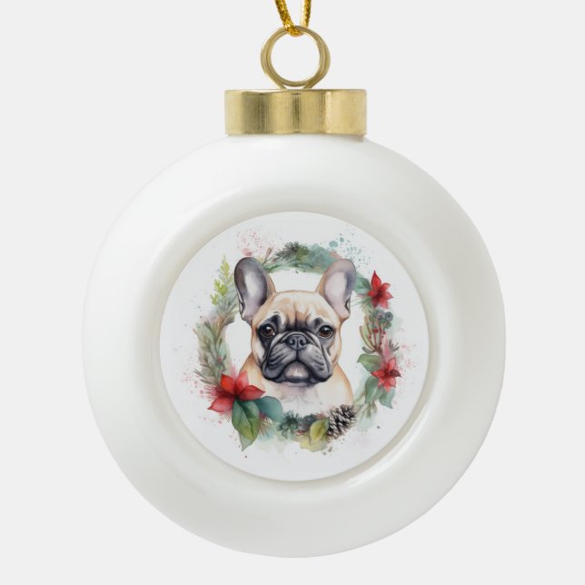 French Bulldog Christmas Wreath Festive Pup Ceramic Ball Christmas Ornament (Front)