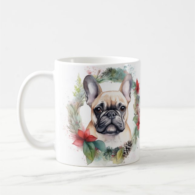 French Bulldog Christmas Wreath Festive Pup Coffee Mug (Left)