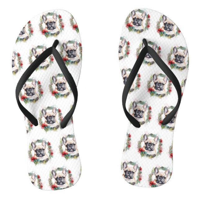 French Bulldog Christmas Wreath Festive Pup Flip Flops (Footbed)