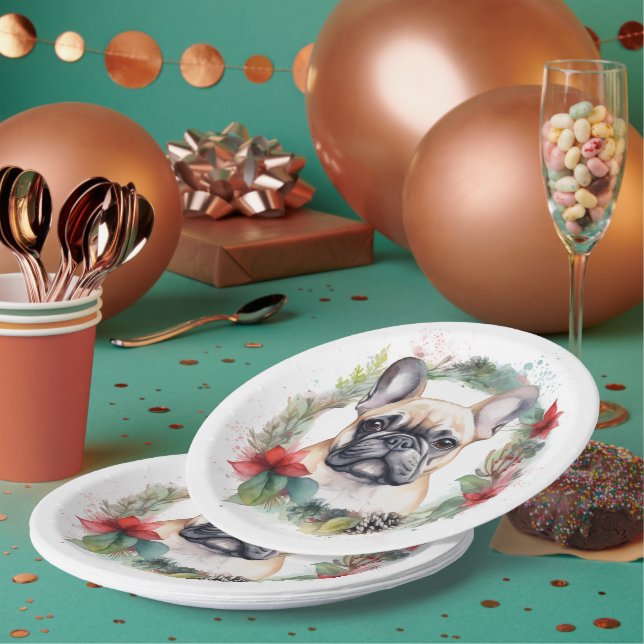 French Bulldog Christmas Wreath Festive Pup Paper Plate (Multi)