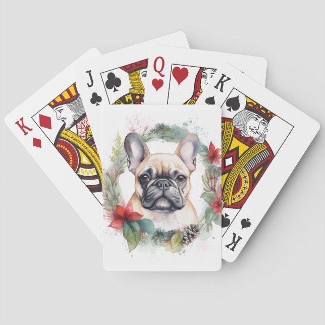 French Bulldog Christmas Wreath Festive Pup Playing Cards (Back)