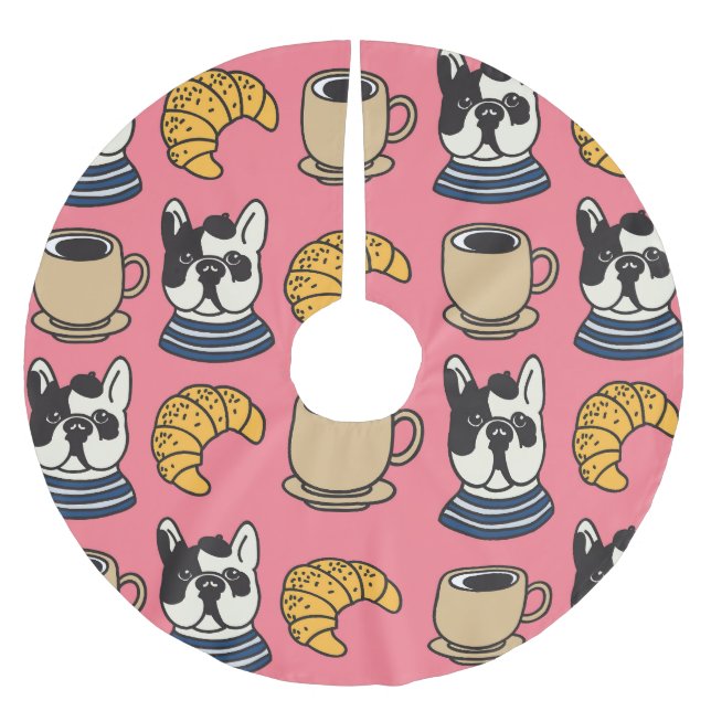 French bulldog, coffee, croissant theme. brushed polyester tree skirt (Front)