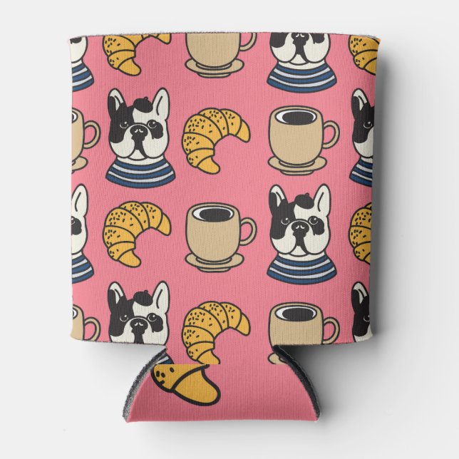 French bulldog, coffee, croissant theme. can cooler (Front)
