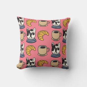 French bulldog, coffee, croissant theme. cushion